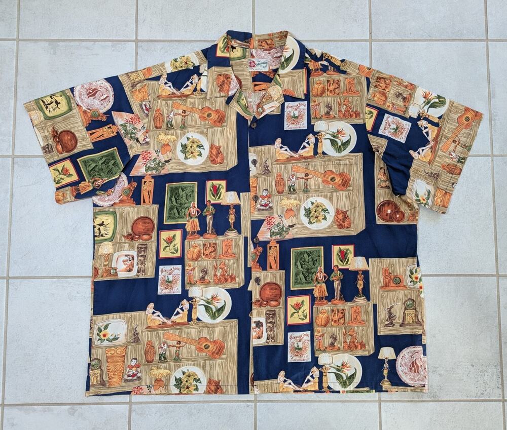 Hilo Hatties Men's 4XL Hawaiian Button Shirt Collage Tiki Hula Island